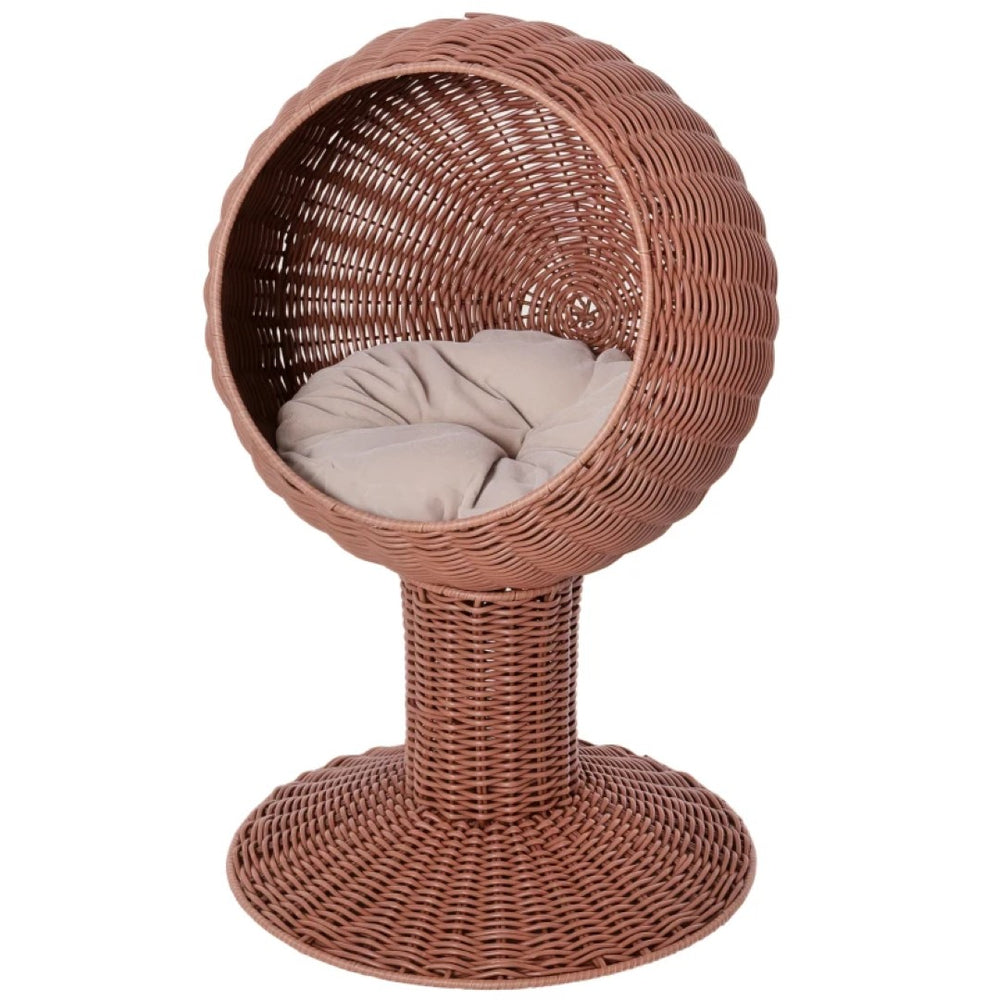 English Elm Cat Basket Bed Elevated Woven Grass Bowl with Plush Cushion on Steel Wire Stand T3971P437340