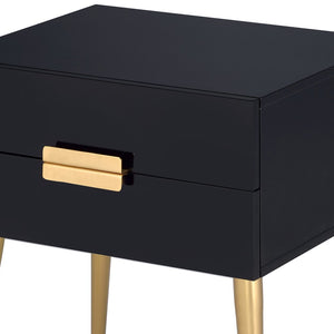 English Elm Denvor Two Drawer End Table with Gold Tapered Legs and Glossy Black Top B2726P445302