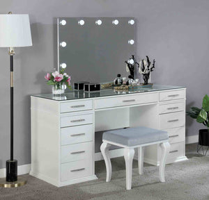English Elm Glam Elegant Vanity Set with LED Mirror, Plush Stool, Ample Storage, Felt-Lined Drawers, Chic Finish White 41 L x 33 W x 8 H B2741S00679