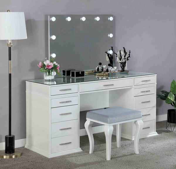 English Elm Glam Elegant Vanity Set with LED Mirror, Plush Stool, Ample Storage, Felt-Lined Drawers, Chic Finish White 41 L x 33 W x 8 H B2741S00679