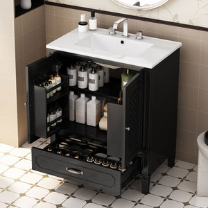 English Elm 30" Freestanding Bathroom Vanity Solid Wood Vintage Farmhouse Style Soft Close Storage N759P218644B