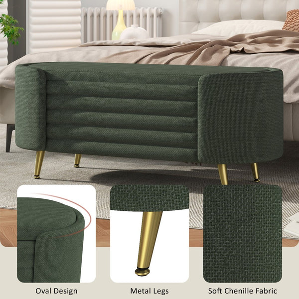 English Elm Modern Boucle Tufted Storage Ottoman Bench with Gold Legs for Bedroom or Entryway Green N719P305628F