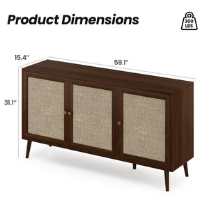 English Elm Farini Large Walnut Sideboard Buffet with 3 Rattan Doors — Sturdy 300lb Capacity Multifunctional Storage T3623P380153