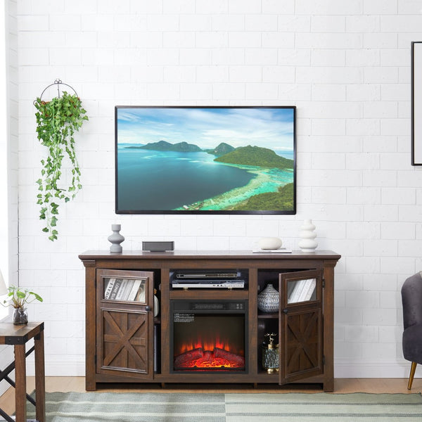 English Elm 2 Door Farmhouse Entertainment Console with Built-in Electric Fireplace Barn Style Espresso W2275S00041