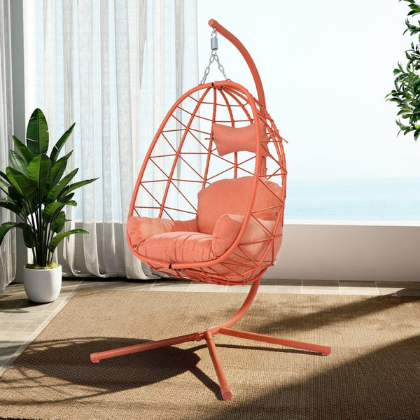 English Elm Hanging Egg Chair Woven Pe Wicker Swing with Stand Washable Cushion Patio Garden T5880P497579