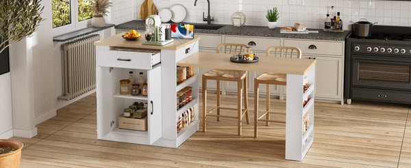 English Elm Extendable Kitchen Island with Storage Drawers Open Shelving and Cabinet in White W1580S00273