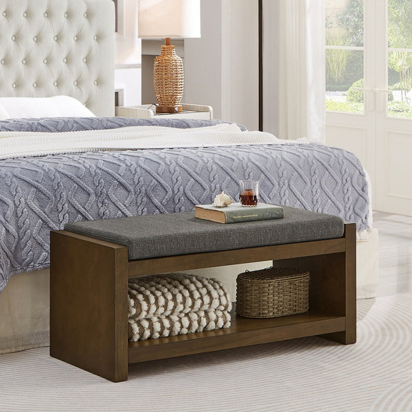 English Elm 40" Accent Bench with Lower Shelf Shoe Rack, Removable Padded Cushion, Modern Entryway Storage Stool Granite W2186P292146