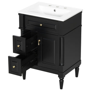 English Elm 24 Inch Freestanding Vanity with Ceramic Sink Rubberwood Frame Matte Finish Storage Black N725P356058B
