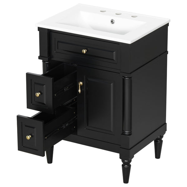 English Elm 24 Inch Freestanding Vanity with Ceramic Sink Rubberwood Frame Matte Finish Storage Black N725P356058B