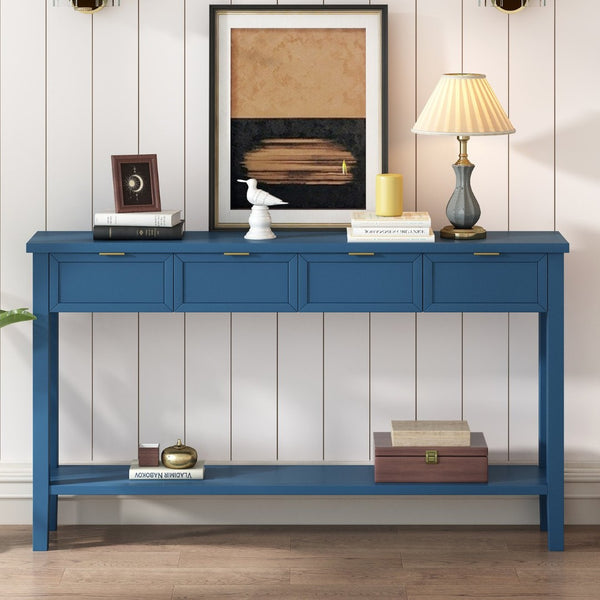 English Elm U_style Contemporary Console Table with 4 Drawers Pine Legs Open Shelf Foyer N711P218638V