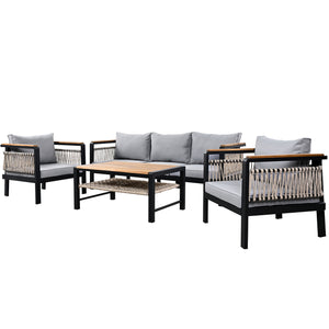 English Elm 4 Pieces Outdoor Sectional Sofa Set with Water-Resistant Cushions, Woven Rope Detail & Acacia Table Grey N719Z000130E