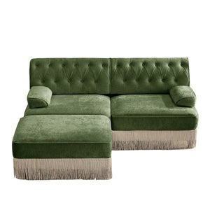 English Elm L-shaped Velvet Sectional Sofa Tufted Chesterfield Style with Tassel Skirt for Living Room Green W714S01704