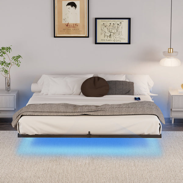 English Elm Floating Bed Frame King Size With Led Lights & Charging Station - Modern Metal Platform Design! W1162P187901