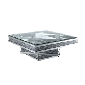 English Elm Modern Glam Square Coffee Table with Mirrored Tiers and Faux Crystal Diamond Inlay W3836P370271