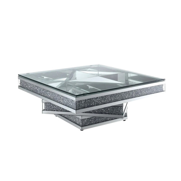 English Elm Modern Glam Square Coffee Table with Mirrored Tiers and Faux Crystal Diamond Inlay W3836P370271