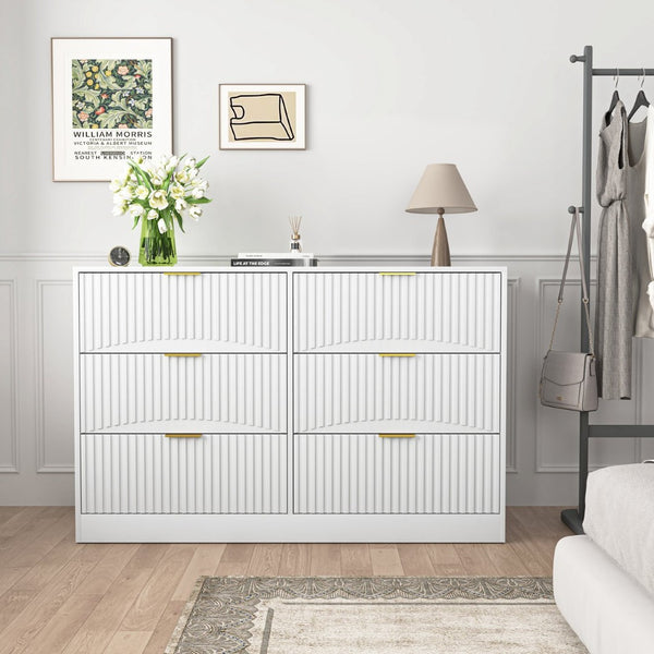English Elm Modern Six Drawer Chest with Wavy Textured Fronts Sleek Matte Storage for Any Room White W409P307526