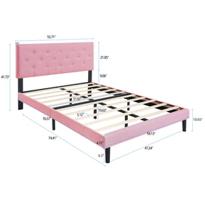 English Elm Full Full Size Upholstered Platform Bed Frame Pink Linen Headboard, Button Tufted, No Box Spring Needed, 500LB Weight Limit, Easy Assembly W311P198070