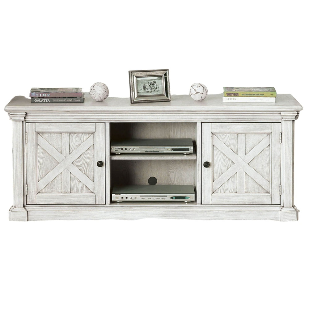 English Elm Antique Rustic Farmhouse TV Console 72"W with Sliding X-Panel Doors, Metal Accents & Open Shelves Antique White 63 L x 26 W x 10 H B2741P361967