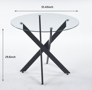 English Elm Black Glass Dining Table with Cross Metal Legs — Modern Space-Saving Kitchen Table, Easy Cleanability and Stable Design (39.4"x38.2") W234P227893