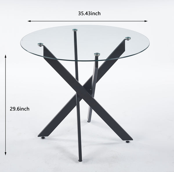 English Elm Black Glass Dining Table with Cross Metal Legs — Modern Space-Saving Kitchen Table, Easy Cleanability and Stable Design (39.4"x38.2") W234P227893