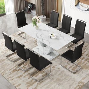 English Elm Table Modern Marble Dining Set - 71"X35.4" Tempered Glass Table With 8 Stylish Black Pu Chairs W1151S02117-GIGA
