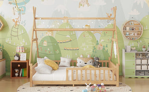 English Elm Full House Kids House Bed with Roof & Fence, Low Floor Solid Pine Frame, Stylish Nightlight Ready Natural 80.91 L x 15.55 W x 6.5 H W2593P296922