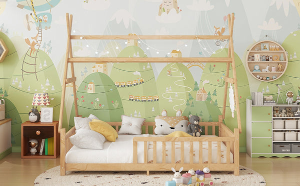 English Elm Full House Kids House Bed with Roof & Fence, Low Floor Solid Pine Frame, Stylish Nightlight Ready Natural 80.91 L x 15.55 W x 6.5 H W2593P296922