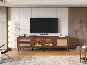 English Elm Rattan Modern TV Stand with 3 Cabinets & 2 Rattan Drawers, LED Light, Cable Management, 80" Capacity, Waterproof MDF Surface WF324225AAP