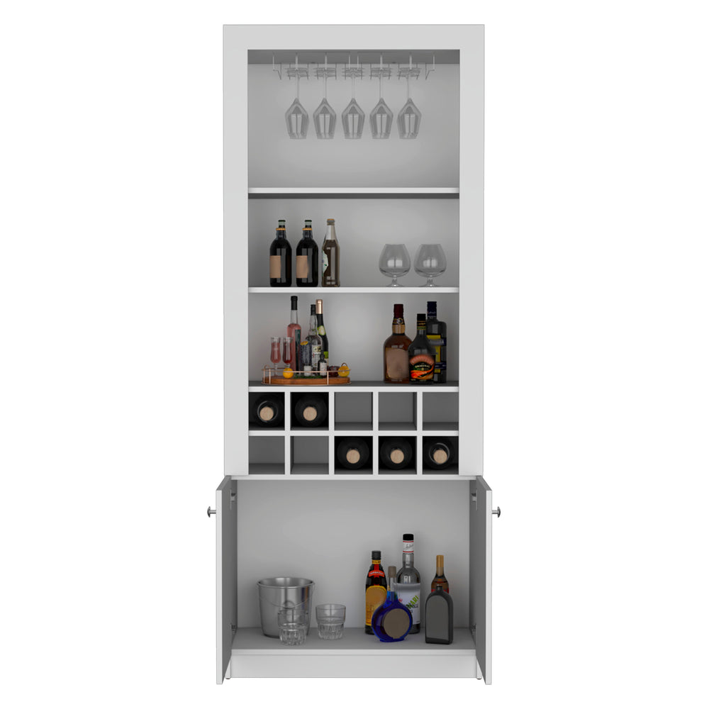 English Elm Nero 74-Inch Tall Bar Cabinet with 10-Bottle Cubbies, 16 Stemware Slots, 4 Shelves — White Modern Storage B070P188834