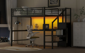 English Elm Full Size Metal Loft Bed With Desk, Storage Staircase, Wardrobe & Led Light - Space-Saving Design GX000620AAD