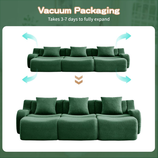 English Elm Three-Seat Modular Sofa with Plush Teddy Fabric, No Assembly, Ergonomic Curved Armrests & Non-Slip Base Green W714S01443