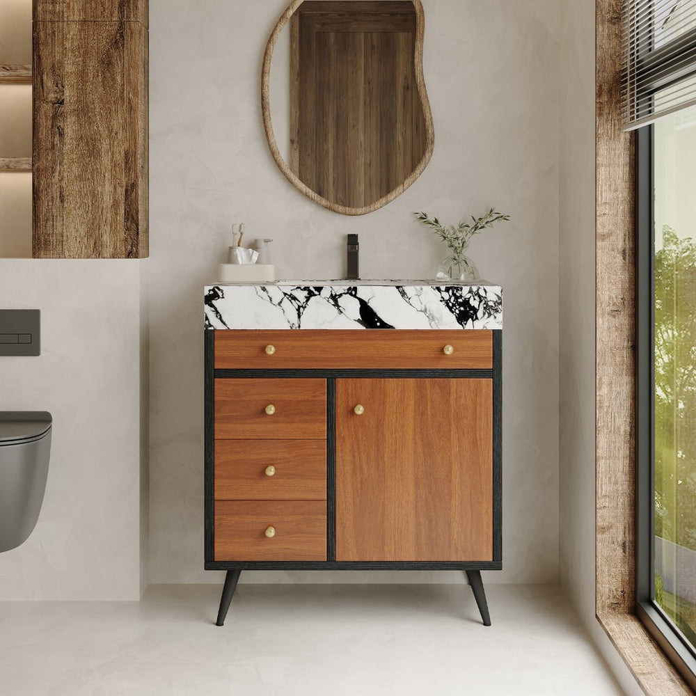 English Elm 29.9" Floating Bathroom Vanity Sintered Stone Top Soft Close Drawers Bronze Gold Hardware Black,Gold,Walnut,White W3136S00044