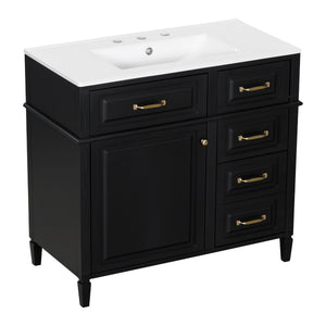 English Elm 36-Inch Bathroom Vanity With Ceramic Sink Top, Adjustable Shelf, And Modern Flip Drawer Design For Storage N725P350849B