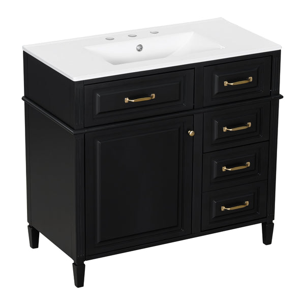 English Elm 36-Inch Bathroom Vanity With Ceramic Sink Top, Adjustable Shelf, And Modern Flip Drawer Design For Storage N725P350849B