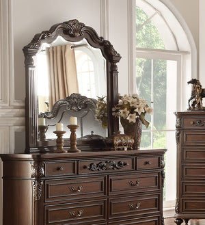 English Elm Traditional Antique Cherry/Walnut Dresser with Mirror, 9 Drawers, Carved Floral Accents, Metal Hardware and Bun Feet B011S01151