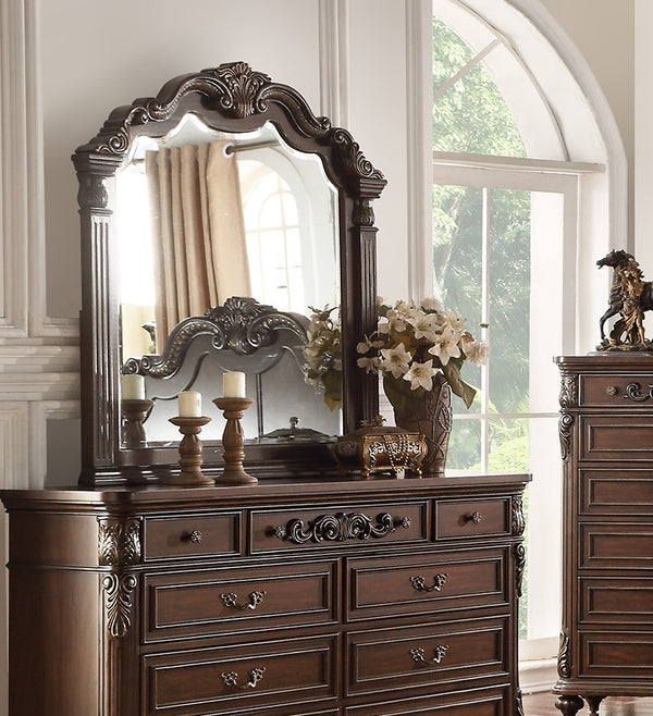 English Elm Traditional Antique Cherry/Walnut Dresser with Mirror, 9 Drawers, Carved Floral Accents, Metal Hardware and Bun Feet B011S01151