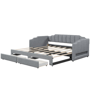 English Elm Twin Extendable Upholstered Daybed with Two Storage Drawers, LED Light, Slat Kit Included for Guests Gray N7500002061E