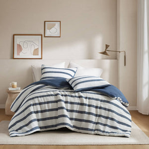 English Elm 3-piece King Yarn-dyed Woven Stripe Comforter Set with Seersucker Texture for Coastal Bedrooms Blue B035P463220