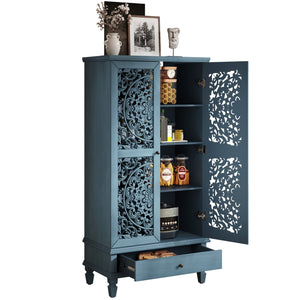 English Elm Rustic Retro Green 55" Tall Storage Cabinet with Carved Doors, Drawer & Solid Wood Legs for Home Decor Antique Blue W1445P376552