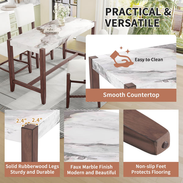 English Elm 5-Piece Faux Marble Counter Height Dining Set — 4 Upholstered Stools, Space-Saving Mid-Century Modern for Kitchen N752S011086A