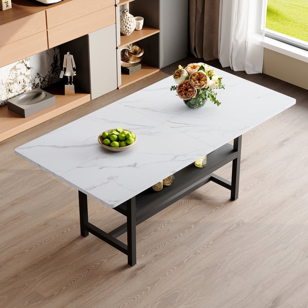 English Elm 71 Inch Fashionable Walnut Grain Dining Table with Sturdy Metal Legs, Scratch-Resistant MDF Top, Storage Shelf, Minimalist Design White+Black W1151P364852