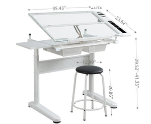 English Elm hand adjustable drafting table with hand-crank lift, tempered glass tilting top, dual metal drawers, stool included White W347P168176