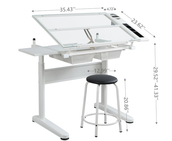 English Elm hand adjustable drafting table with hand-crank lift, tempered glass tilting top, dual metal drawers, stool included White W347P168176