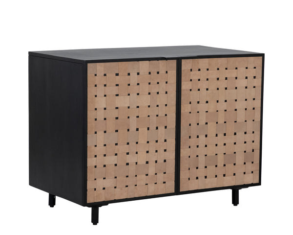 Sunpan Omari Sideboard - Stylish Suede Light Tan Leather with Unique Weaved Design and Matte Black Base Small - 40W x 22D x 31H
