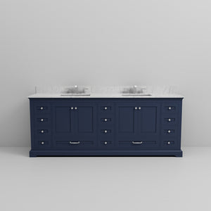 English Elm Navy Double Bath Vanity 84"W x22"D with Carrara Marble Top, 14 Drawers, Soft-Close, Chrome Faucet Set B2731P258432