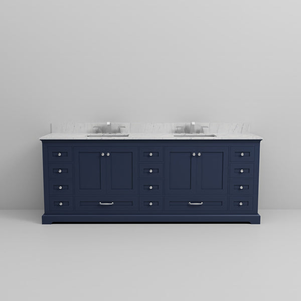 English Elm Navy Double Bath Vanity 84"W x22"D with Carrara Marble Top, 14 Drawers, Soft-Close, Chrome Faucet Set B2731P258432