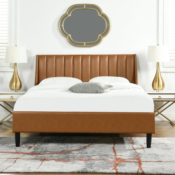 English Elm Jennifer Taylor Home - Aspen Vertical Tufted Queen Platform Bed Set - Caramel Tan Faux Leather, Modern Design & Comfort B2719P238511