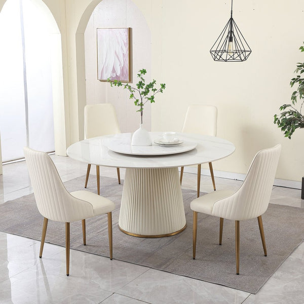 English Elm 59"modern Sintered Stone Round Dining Table Lazy Susan Pedestal Base with 4 Chairs W509S00165