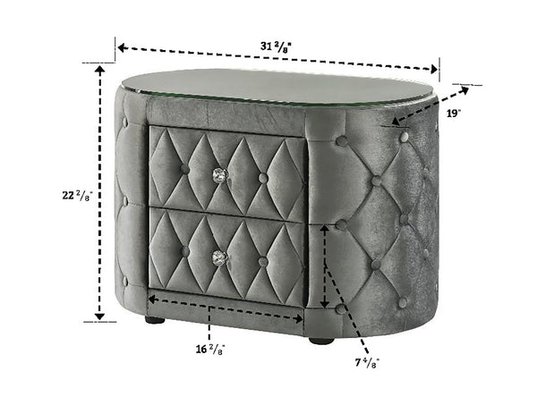 English Elm Luxurious Gray Oval Nightstand With Plush Tufted Upholstery & Tempered Glass Top - 2 Drawers! B2741P321011