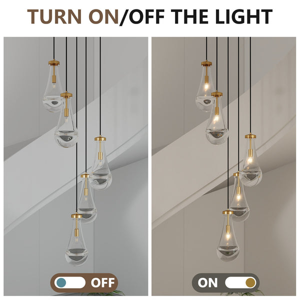 English Elm 5 Light Cluster Pendant with Raindrop Glass & Adjustable Copper Rope, Modern High-Ceiling Chandelier for Living Room, Dining, Stairwell — App-Controlled Gold W1340P316385